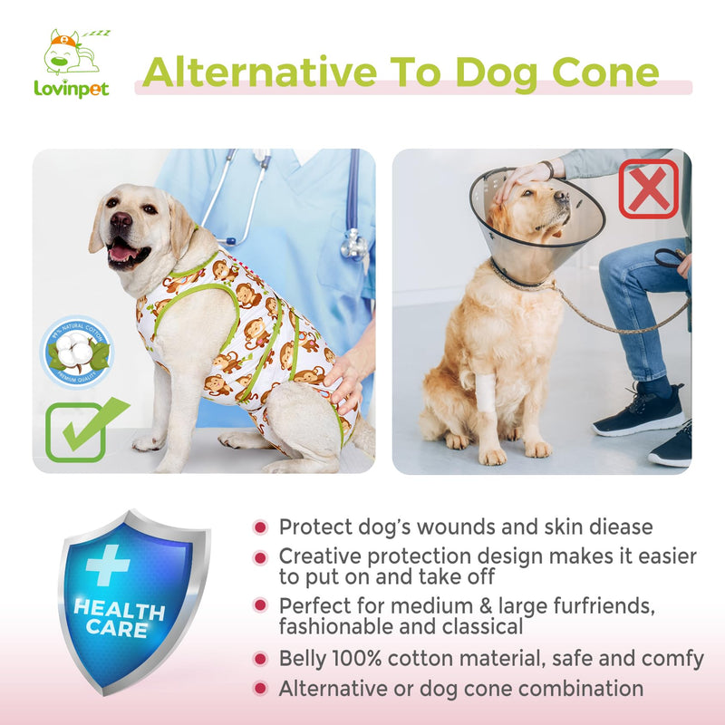 LovinPet Dog Recovery Suit - Medium Large - After Surgery Big Dog Recovery Suit Anti Licking Abdominal Wound Surgical Clothes Post-Operative Vest E-Collar Alternative,Monkey,Green,L Green collar/White - PawsPlanet Australia