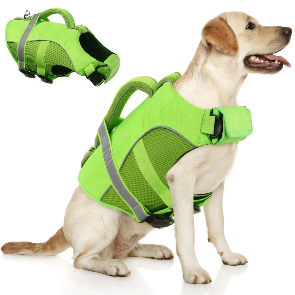 Queenmore Dog Life Jacket, Adjustable Ripstop Dog Life Vest for Swimming Boating, Dog Lifesaver with Superior Buoyancy and Rescue Handle, Dog Swimming Vest for Small Dogs（Green,S） Green