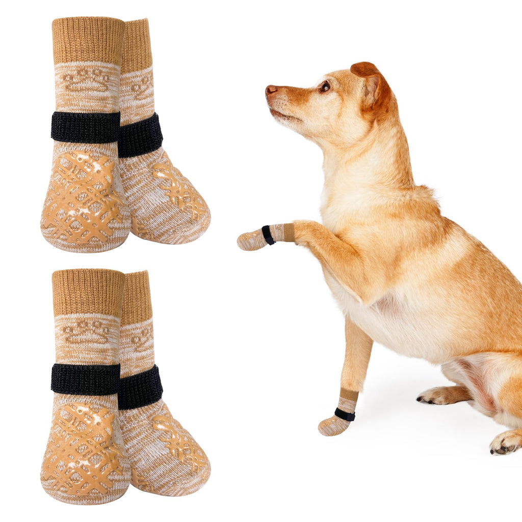 BEAUTYZOO Dog Socks to Prevent Licking Paws, Dog Shoes for Hot Pavement Small Medium Large Senior Dog Booties, Non Slip Dog Boots & Paw Protectors for Hardwood Floors Traction Control Indoor S/M(Pack of 4) Light Khaki