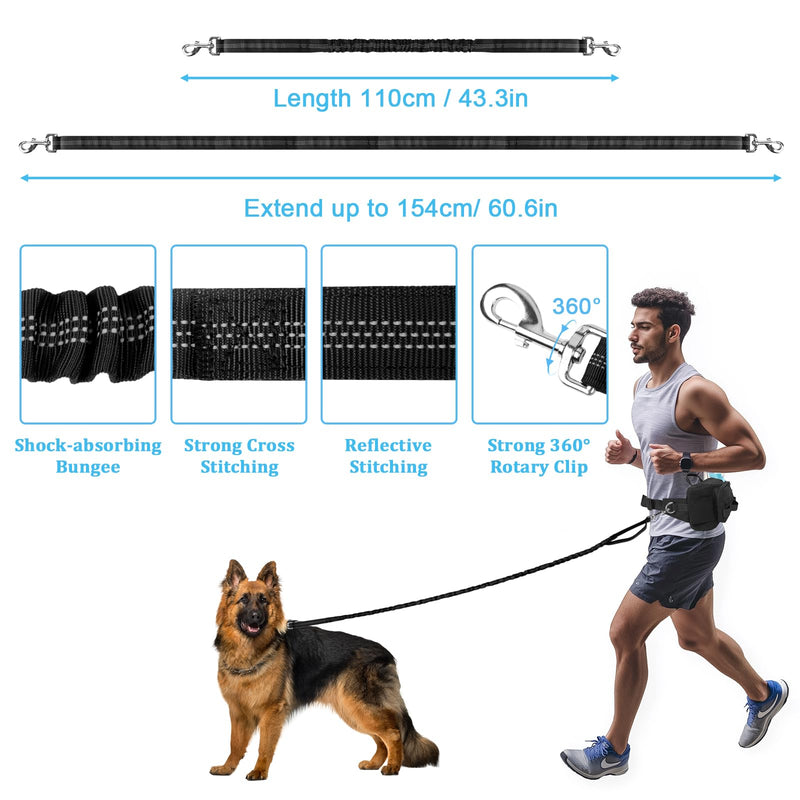 ETACCU Hands Free Dog Leash with Zipper Pouch, Waist Belt for Large Medium Dogs for Running, Walking, Jogging and Hiking, Dual Padded Handles and Durable Bungee - Black (1 Dog Black) 1 Dog Black - PawsPlanet Australia