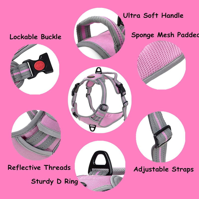Coohom No Pull Dog Harness with Handle and Two Leash Attachments,Adjustable Outdoor Pet Harness with Reflective Oxford Material for Small Medium Large Dogs L Pink 3 Buckles - PawsPlanet Australia