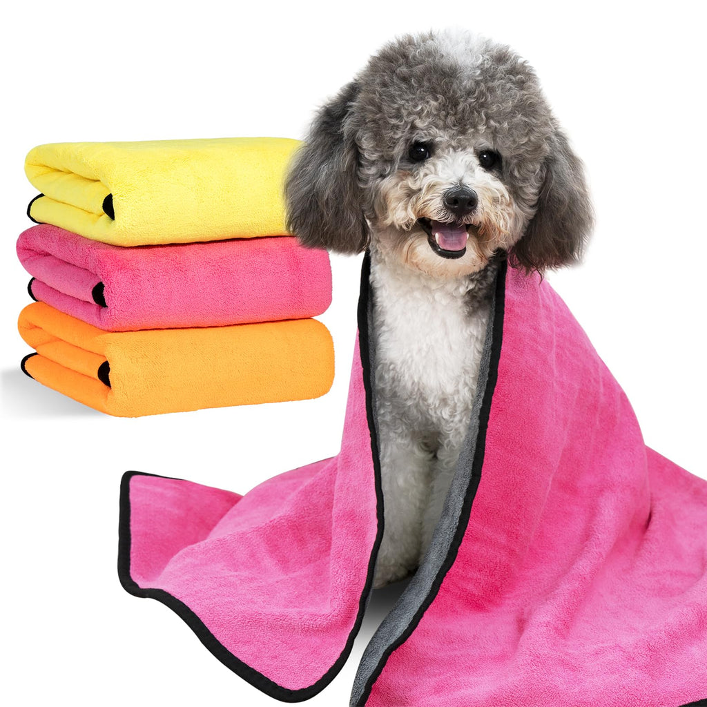 MICOOYO 3PCS Dog Towels for Drying - Super Absorbent Pet Grooming Towels, Quick Drying Dog Bath Towels for Puppy Cats (Yellow, Pinkcolor, Orange, S) Yellow, Pink, Orange Small