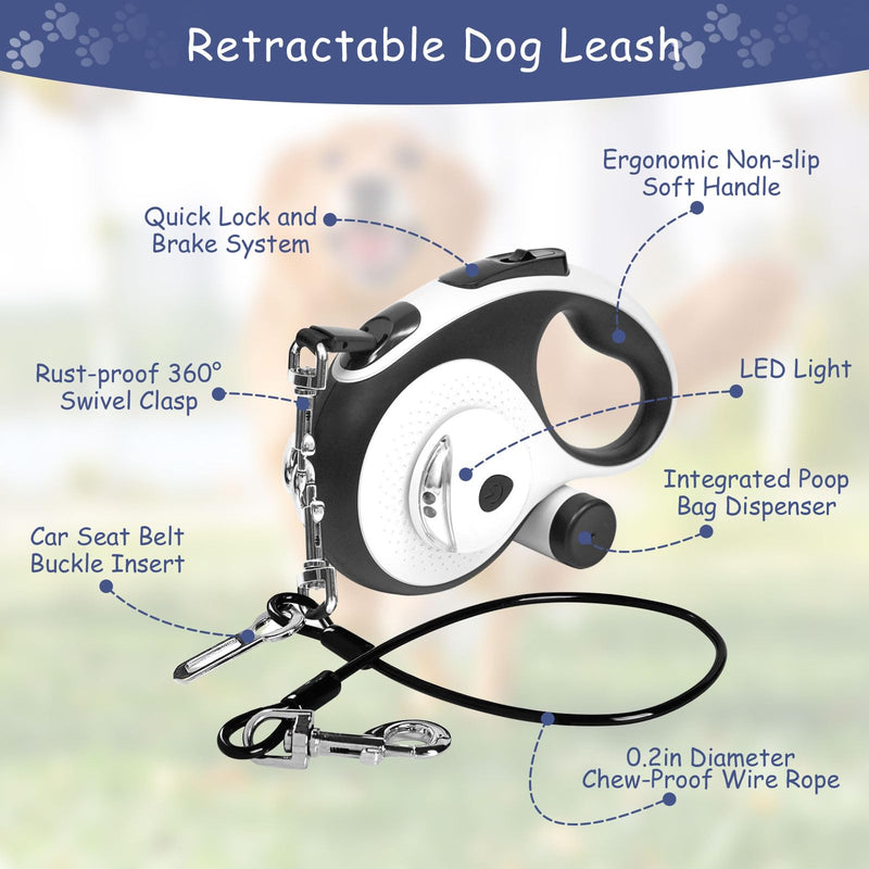 26Ft Retractable Dog Leash - for Dog Up to 110lbs, Tangle Free Walking Leash with Chew Proof Cable | LED Light | Dispenser | Poop Bags, Quick Lock Braking & Non-Slip Handle (White) 26 ft White - PawsPlanet Australia