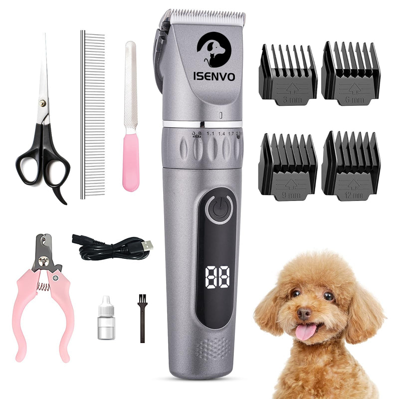 Dog Clippers for Grooming, Dog Grooming Kit for Heavy Thick Coats, Rechargeable Dog Clippers, Low Noise, Cordless, Dog Grooming Clippers for Dogs and Other Pets（Silver）