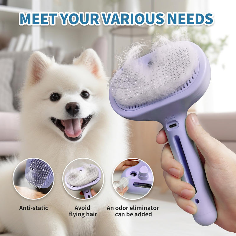 3 in 1 Steam Cat Brush for Shedding - Self-Cleaning Dog Grooming Tool for Long and Short Hair Pets - Removes Static, Flying Hair, and Loose Fur (Purple) Purple - PawsPlanet Australia