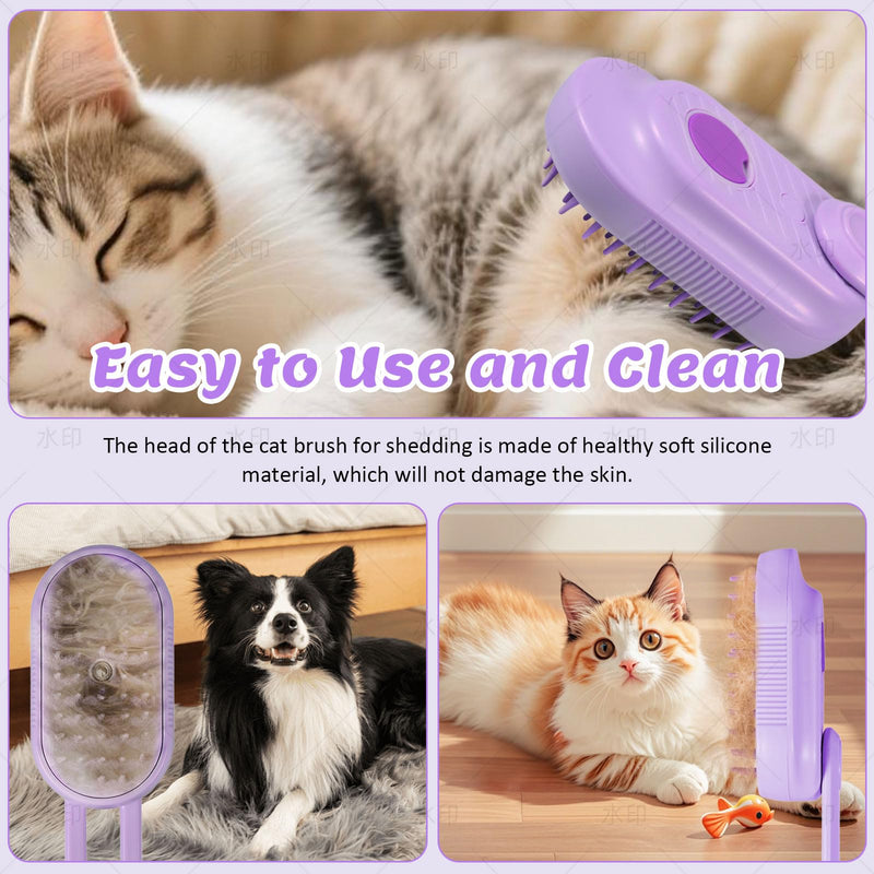 4 in 1 Cat & Dog Steam Brush Kit with 2 Comb Heads - Rechargeable Grooming Brush for Long/Short Hair Shedding, Anti-Static Steam Spray & Foldable Handle, Pet Spa Cleaning Tool (Purple) Purple - PawsPlanet Australia