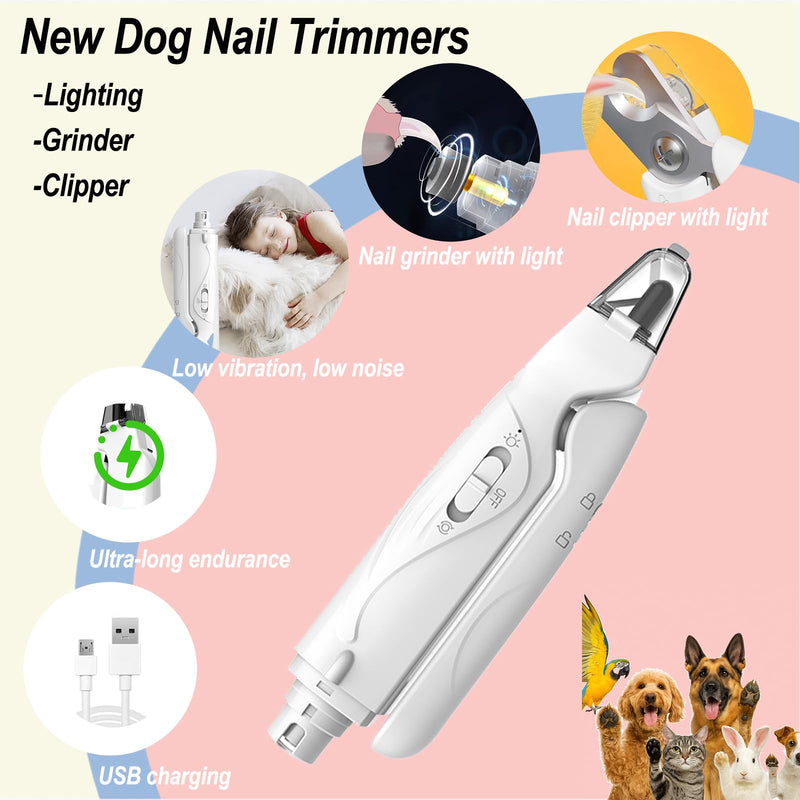 2-in-1 Dog Nail Grinder & Clipper - Ultra-Quiet USB Rechargeable Pet Nail Trimmer with LED Light, Multiple Sanding Ports, and Splash Guard for Small, Medium, & Large Dogs and Cats (White) - PawsPlanet Australia