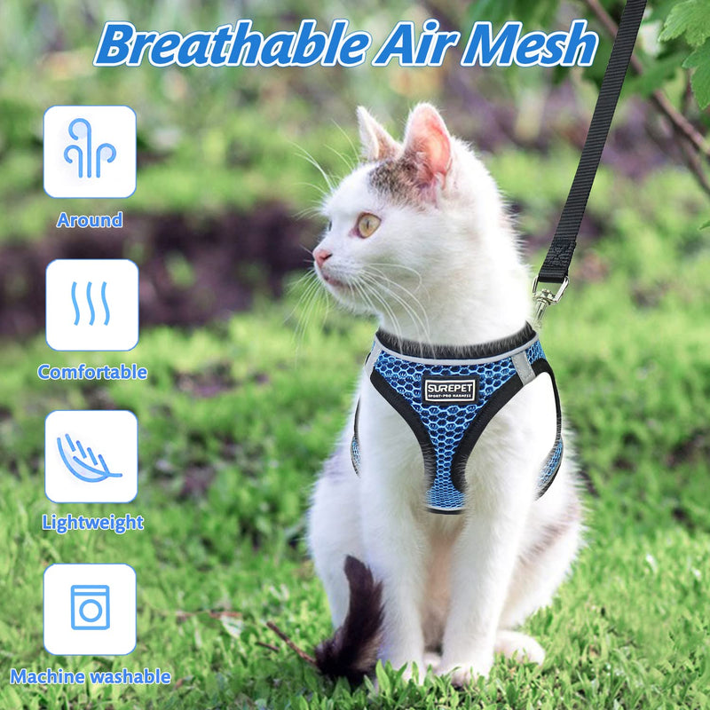 Cat Harness and Leash Set for Walking Escape Proof,Adjustable Soft Mesh Kittens Harness Vest with Reflective Strip for Small Cats,Easy to Control S Blue - PawsPlanet Australia