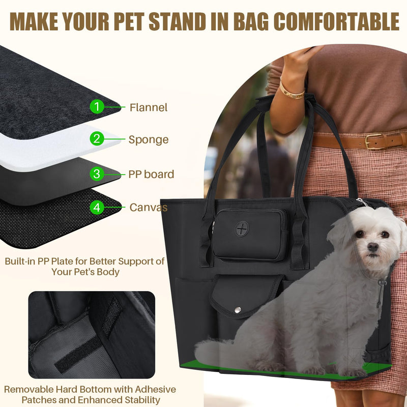 SlowTon Dog Purse Carrier - Portable Dog Carrier with Pockets & Safety Leash for Small Dogs Under 12 lbs, Breathable Pet Tote Bag for Cat Rabbit Outing, Travel, Vet (Black) Black
