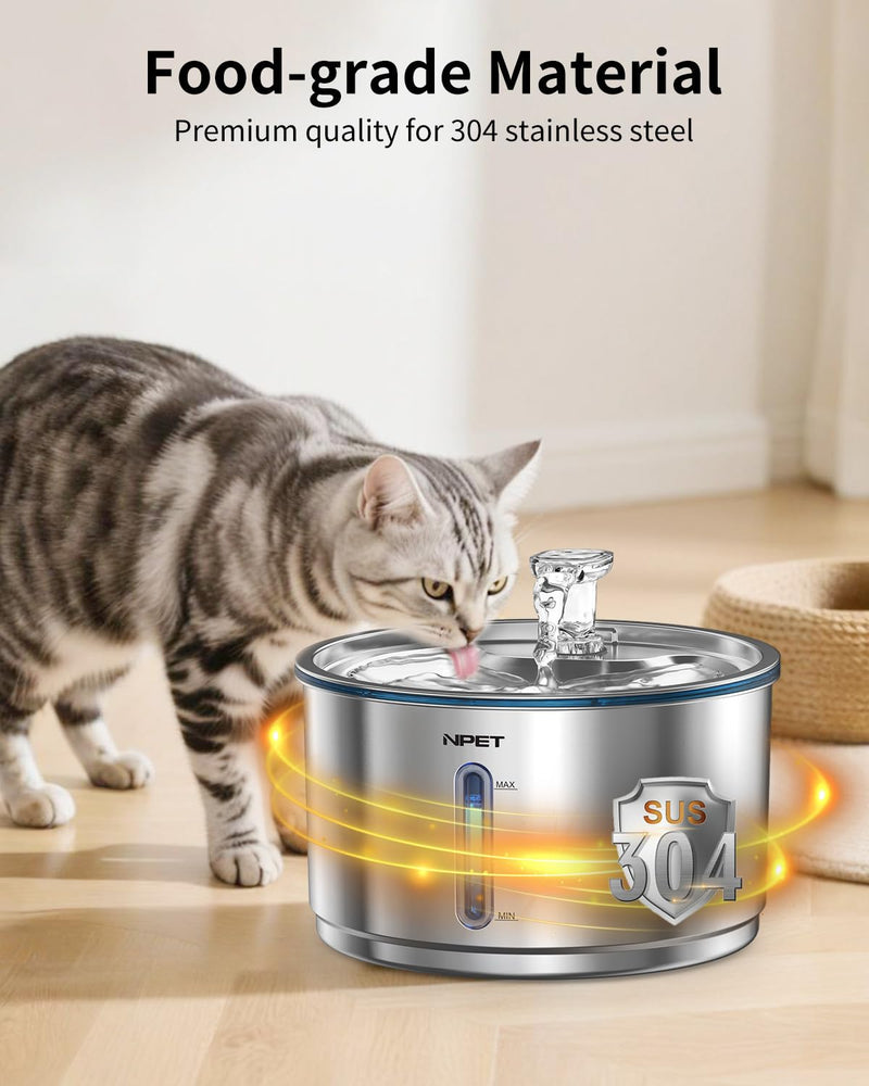 NPET Stainless Steel Cat Water Fountain, 1Gallon/135oz Automatic Pet Drinking Fountain Dog Water Dispenser Bowl with Water Level Window for Cats Indoor - WF210Plus With 1 Filter+1 Sponge 1 Gal Fountain - PawsPlanet Australia