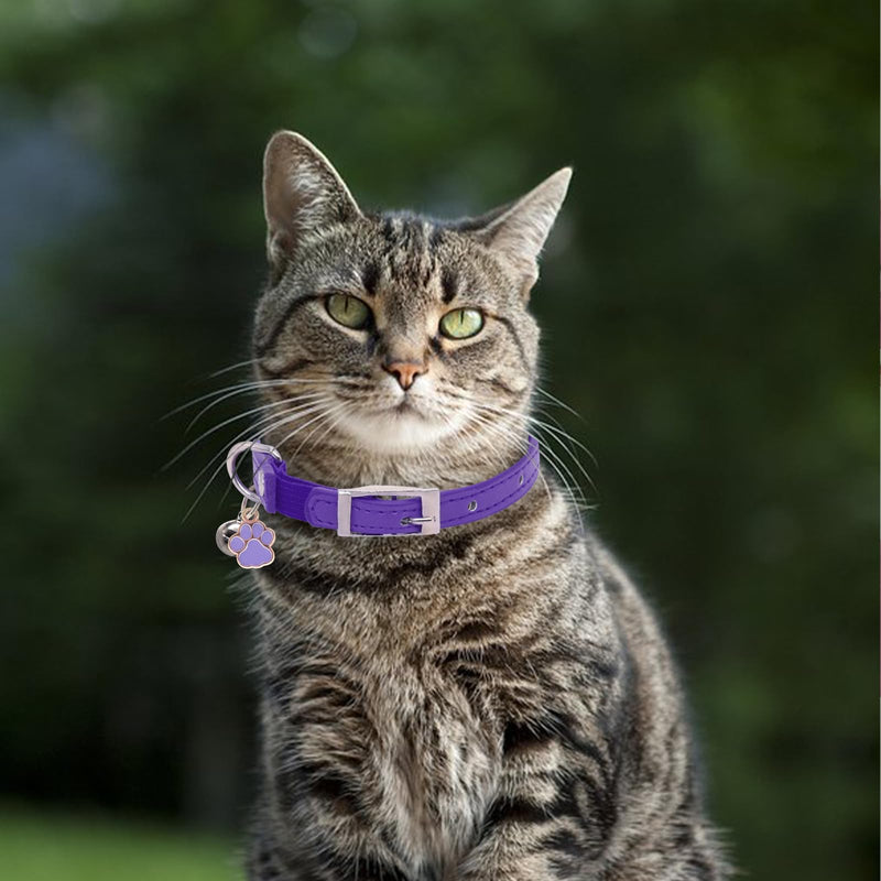 Cat Collar, Soft Leather Cat Collar with Bells, Safe Collars with Cute Paw Charm for Male Female Cats, 8-11”, Purple 8-11”