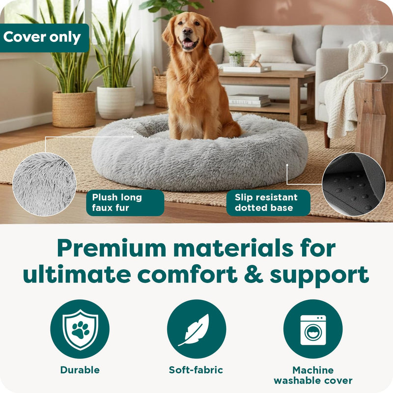 FurHaven Replacement Dog Bed Cover, Long Faux Fur for Calming Cuddlers, Machine Washable, Customizable Filling, Large, Faux Fur, Misty Gray Donut Bed Cover Long Faux Fur (Mist Gray) - PawsPlanet Australia