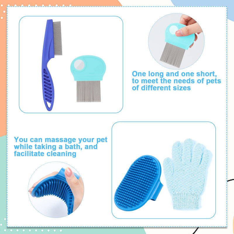 VCZONE Small Animal Grooming Set: Pet Nail Clipper & File, Flea Comb, Shampoo Brush, Shedding Slicker Brush, Massage Glove, Cleaning Comb (Blue) Blue - PawsPlanet Australia
