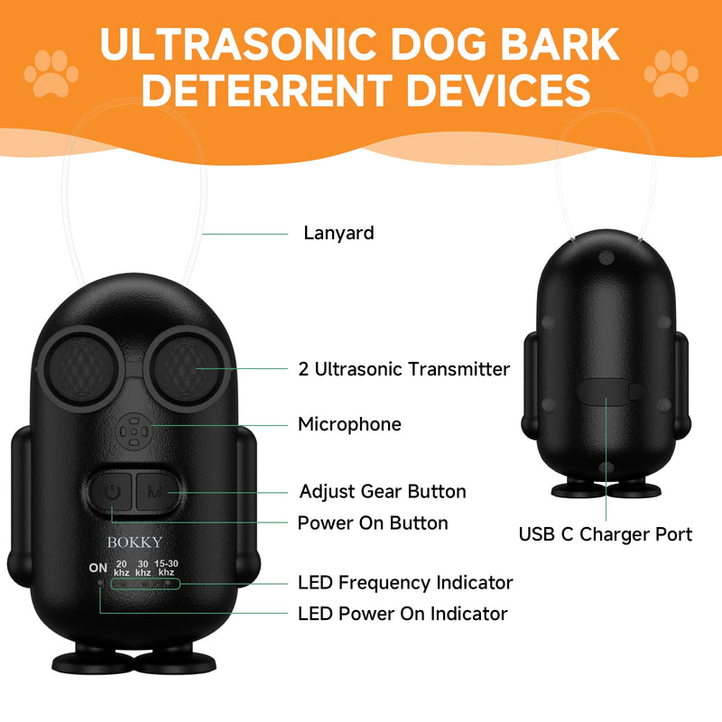 BOKKY 2 Pack Dog Bark Deterrent Devices in 3 Adjustable Modes Convertible Waterproof Anti Barking Silencer for Dog - Ideal for Outdoor and Indoor(Black) 2PACK-BLACK