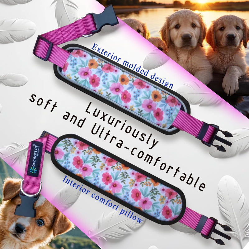 Comfort Fit Reflective Dog Collars Soft Padded Neoprene Pet Collars with Durable Adjustable Buckle Waterproof Comfortable Dog Collars for Medium Large and Small Dogs & Puppies Walking Running Training L/L+ (Neck Size 16"-25") Pink Floral - PawsPlanet Australia