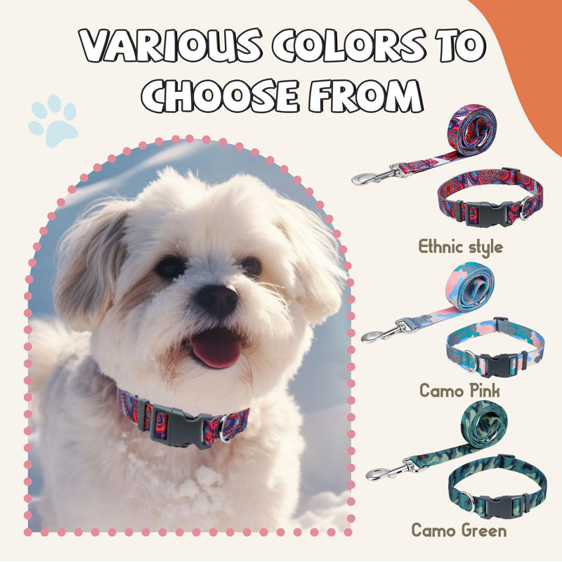 Print Patterned Dog Collar Leash Set, Adjusted Quick-Release Plastic Buckles and Heavy-Duty Steel D-Ring Nylon Collar Leash Set Strong Durable, Green Camo,M Medium Set - PawsPlanet Australia