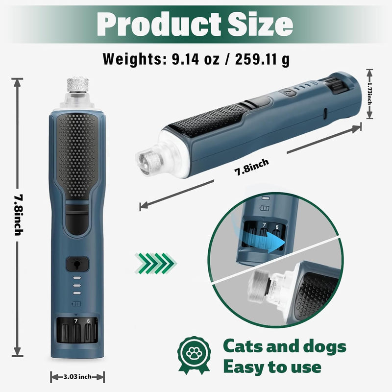 7-Speed Dog & Cat Nail Grinder with Light - Ring LED Safe to Avoid Overcut, Quiet Low Vibration & Powerful Fast, Cordless Rechargeable Toenail Trimmer for Small & Large Puppy & Breeds Paws(Blue) Dark Blue - PawsPlanet Australia