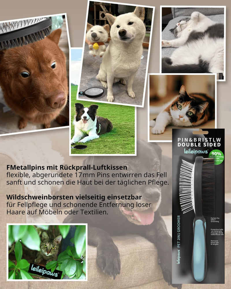 2-in-1 Dog Brush & Cat Brush - Detangling Comb for Long Hair & Short Hair, Metal Pins & Natural Bristles, Ergonomic TPR Handle, Gentle and Effective Grooming (Blue/Black)