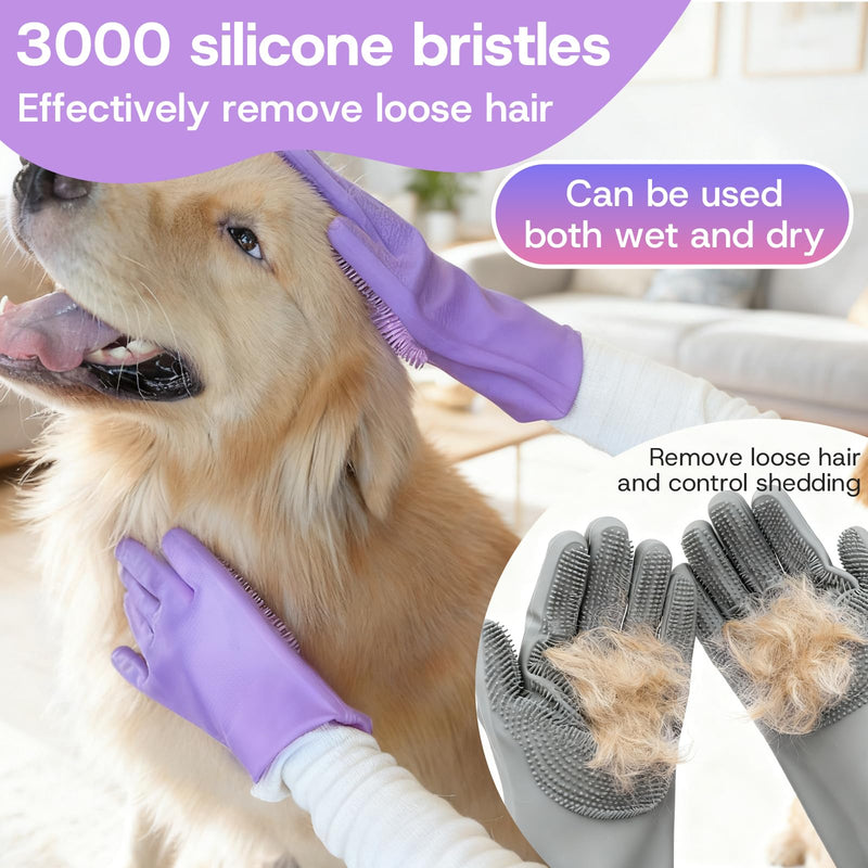 2-Pair Pet Hair Remover Glove for Dogs and Cats Washing, Grooming, & Deshedding – Multipurpose Silicone Dog Bath Gloves, Cat Brush Glove Mitt for Pet Cleaning & Household Use (Purple & Grey) Gray and purple two-tone
