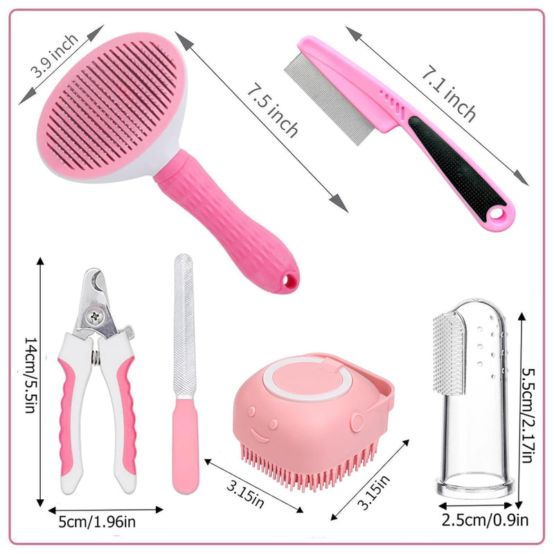 7 Pcs Cat Dog Brush Grooming Kits, Self-Cleaning Slicker Brush, Pet Nail Clipper and File, Flea Comb, Pet Shampoo Bath Brush, Pet Finger Toothbrush, Storage Bag (Pink) Pink - PawsPlanet Australia