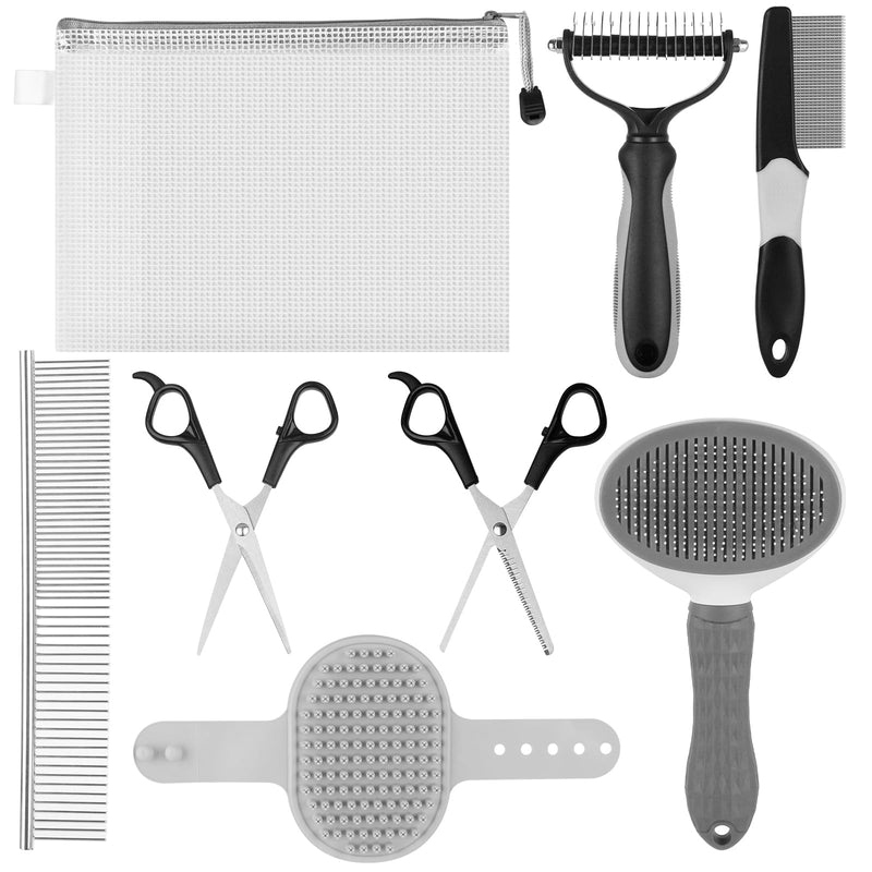 Pet Grooming Kit – Shedding Slicker Brush & Bath Massage Tool for Dogs, Cats, Puppies & Rabbits | Gentle, Easy-Clean Design for Healthy Coats & Relaxing Grooming 8 PCS Gray - PawsPlanet Australia
