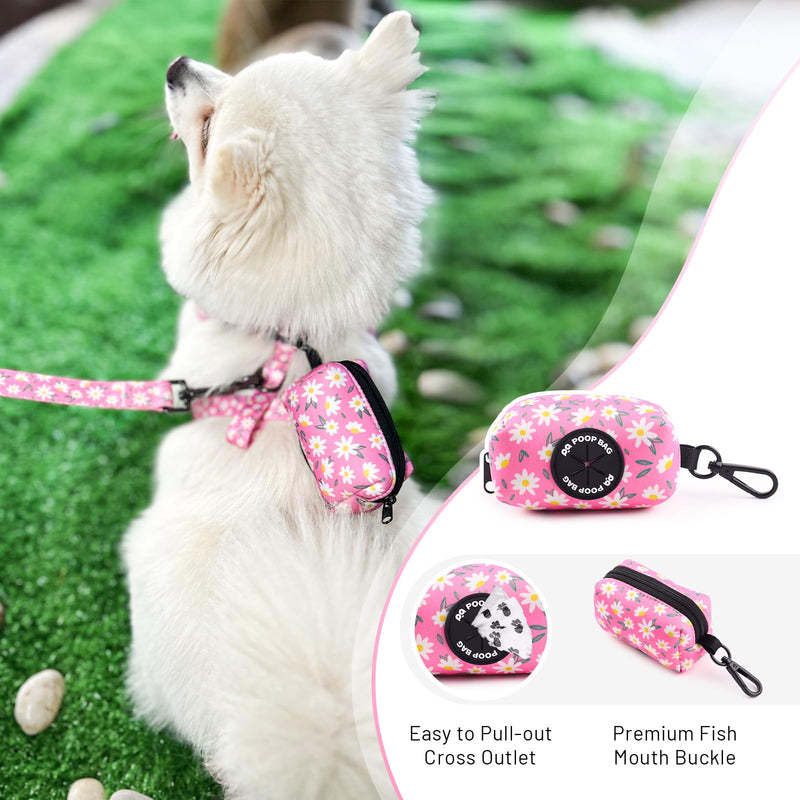 QQPETS Dog Harness Collar Leash with Poop Bag Holder 4 PCS Set, Adjustable No Pull Soft Mesh Padded Vest for Small Medium Large Pet Puppy Outdoor Walking (Daisy Pink, M (Chest 17”-24”)) M (Chest 17”-24”) Daisy Pink - PawsPlanet Australia