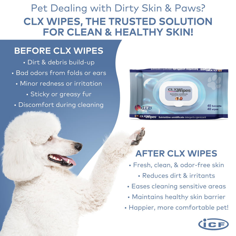 ICF | CLX Cat & Dog Wipes | Antibacterial & Antifungal Cleansing Wipes for Paws, Skin Folds & Ears | Supports Healthy Skin & Odor Control | 40 Count - PawsPlanet Australia