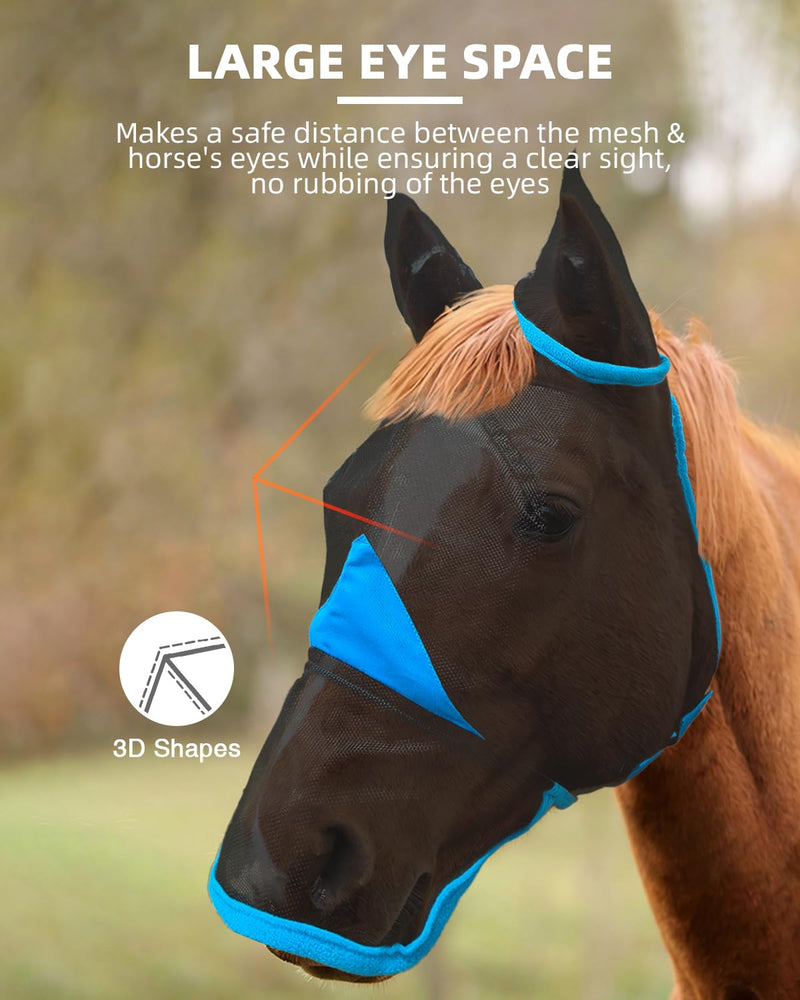 Hilltown Horse Fly Mask with Ears and Nose Cover - Large Eye Space, Full Face UV-Block, Breathable Mesh, Adjustable Fit, Soft Fleece Trim for Grazing, Riding & Daily Use - Pony, Blue