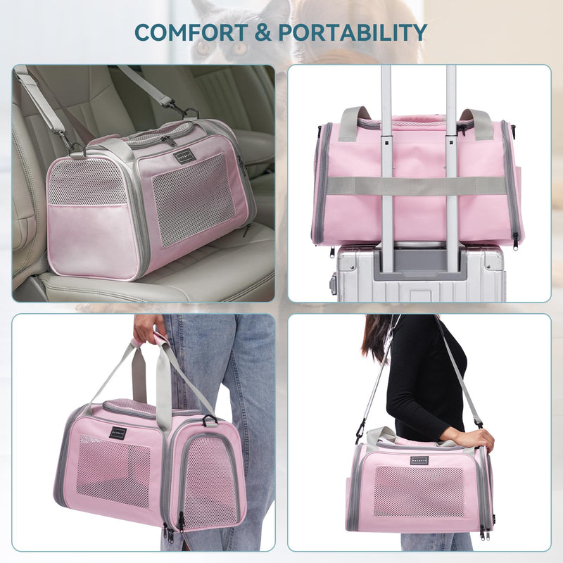 PETSFIT Cat Carrier, Pet Carrier Airline Approved, Cat Travel Carrier for Small and Medium Cats Under 12 Lbs, Soft Sided Kitten Carrier with Cozy Extendable Mat, Cat Carrier Bag, Pink 17.0"L x 10.3"W x 10.3"H - PawsPlanet Australia