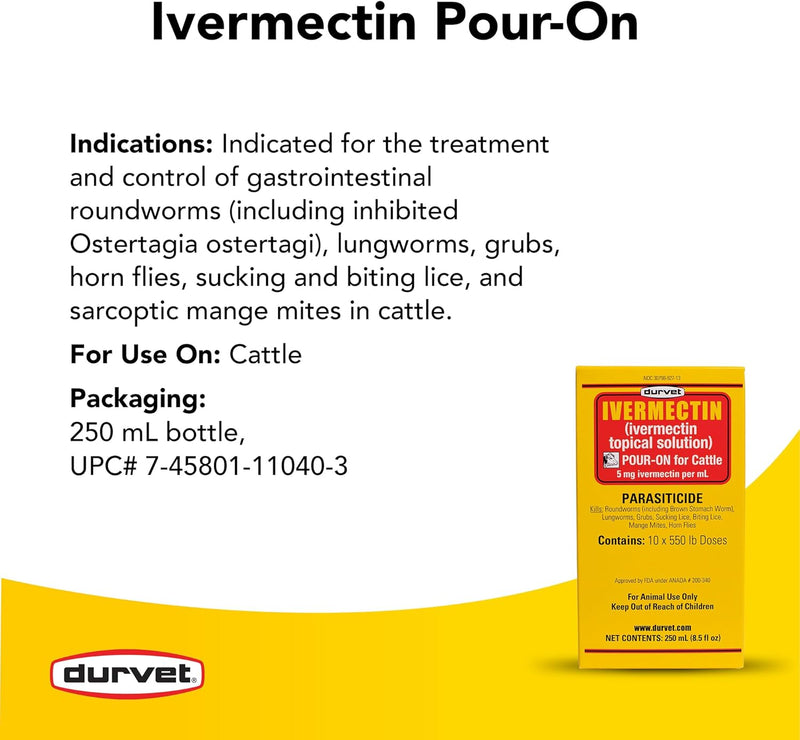Durvet Ivermectin Pour On Dewormer 250mL - PawsPlanet Australia