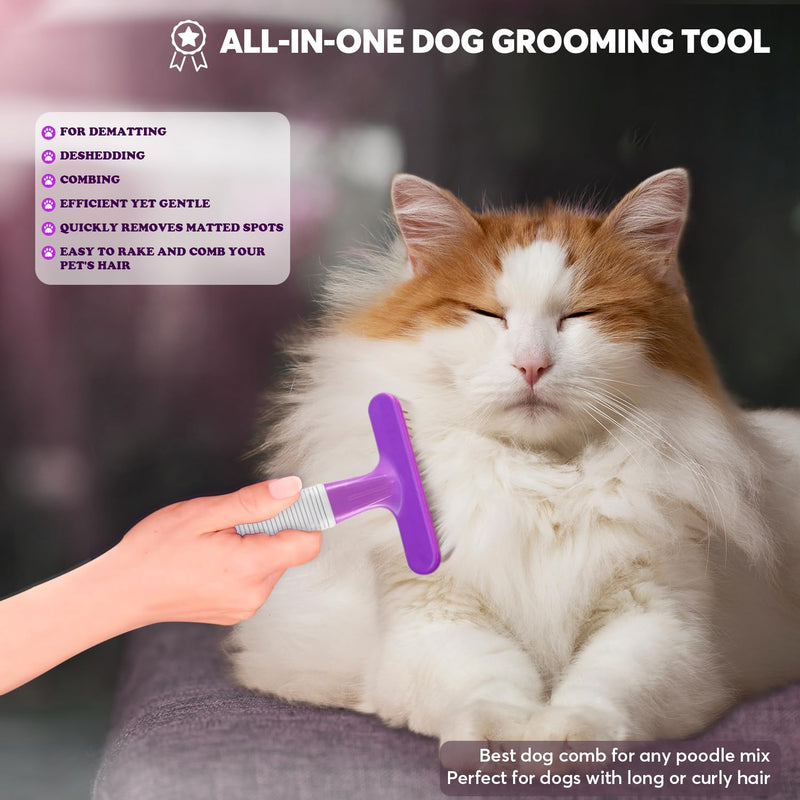 Dog & Cat Grooming Rake for Deshedding, Brushing and Detangling - Double Row Stainless Steel Pins Dematting Tool for Removing Loose Undercoat & Tangles, Reducing Shedding in Medium or Long-Haired Pets - PawsPlanet Australia