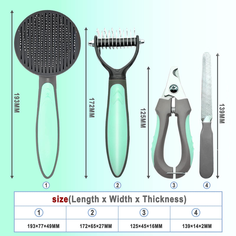Pet Deshedding Brush Set, Undercoat Rake for Dogs & Cats - Double Sided Brush for Shedding and Dematting Comb Grooming Tool kit - Nail Clippers & Nail File Kit (4Pack) Green - PawsPlanet Australia
