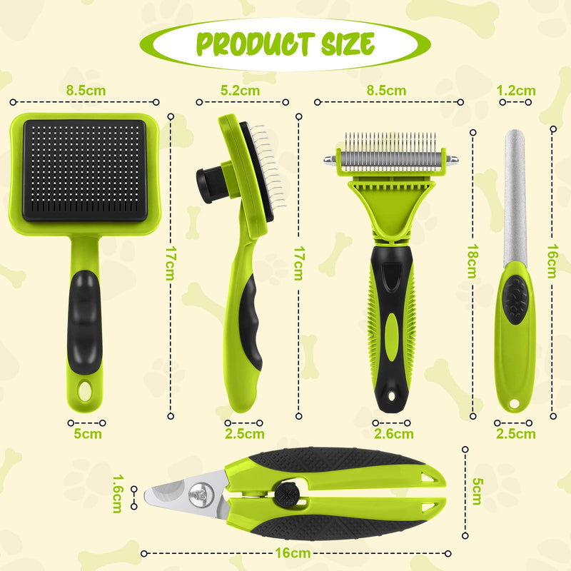 Grooming Dematting Comb Tool Kit 4 Pack Self Cleaning Dog Brush Cat Brush Grooming Comb Kit, Cat Dog Nail Clippers with Nail File Professional Pet Hair Removal Goomings, Massage, Cleaning, Green