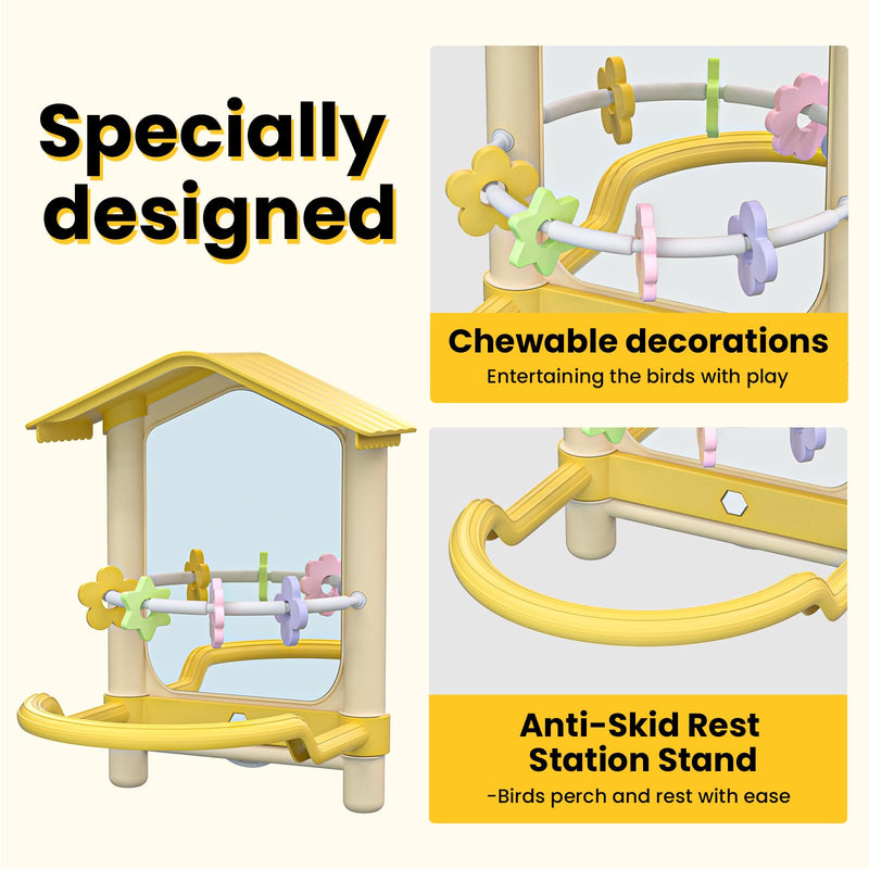 8.1 Inch Pet Bird Mirror with Perch Stand and Parakeet Chew Toys,Parrot Toys Bird Cage Decorative Accessory, Helps Birds Release Stress for Canaries Budgies Lovebirds Conures Cockatiels (Yellow) Yellow - PawsPlanet Australia