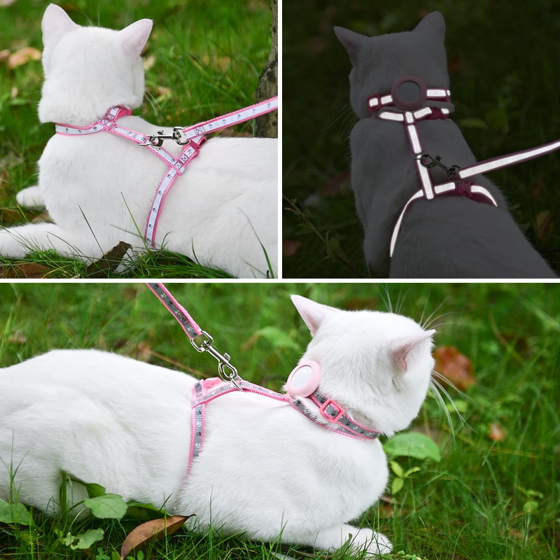 KOOLTAIL Cat Harness and Leash Set Escape Proof with Cat Airtag Holder Collars (3 in 1), Comfortable Lightweight Adjustable Kitten Harness for Small Medium Large Cats Safe Walking & Travel, Pink Neck:7.5"-12" chest:10"-18" - PawsPlanet Australia