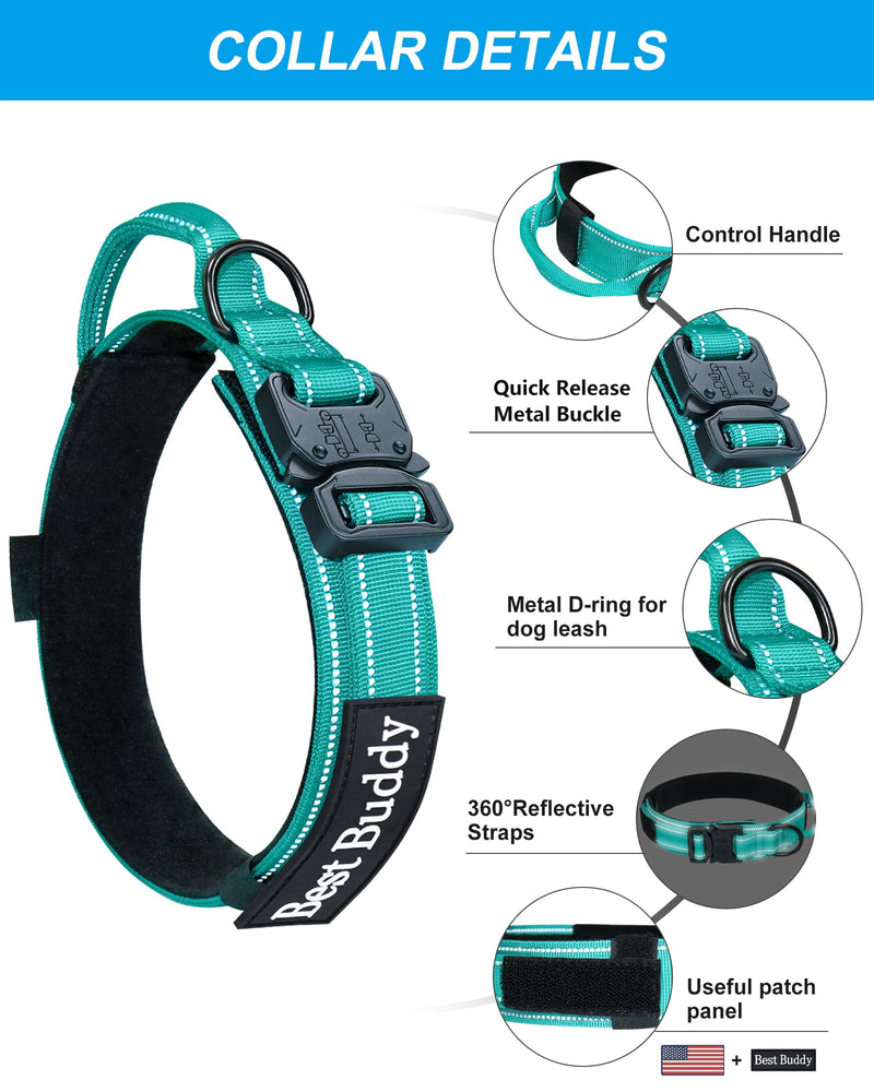 AUBELL Tactical Dog Collar and Leash Set, Reflective Adjustable Heavy Duty Military K9 Collars with Handle and Metal Buckle for Large Dogs, with Airtag Case and 2 Patches(Teal,L) L(17"-20.5") Teal Set - PawsPlanet Australia