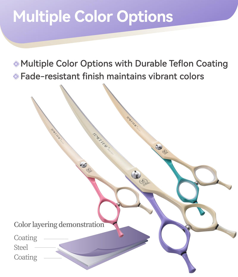 Fenice Peak Curved Dog Grooming Scissors with Coating 440C Stainless Steel, 7 inch Professional Curved Shears Dog Grooming，25 Degree of Curved Blade，Pet Shear for Trimming Face and Paw, Violet & White 7" Violet&white - PawsPlanet Australia