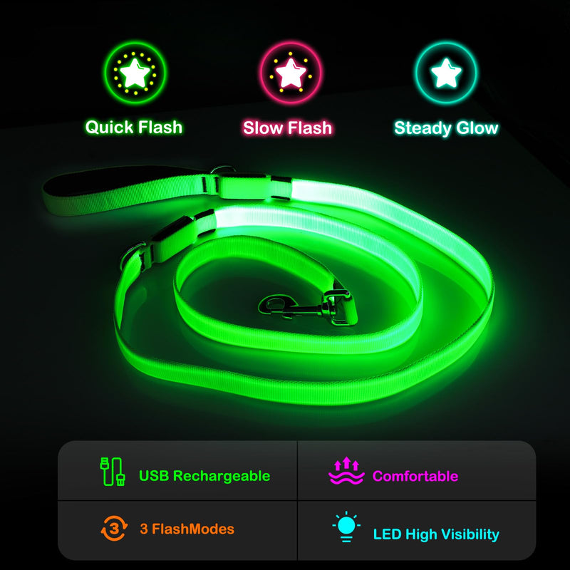 Light Up Dog Leash, 6 Ft LED Leashes Rechargeable, Nylon Reflective Lead with Padded Handle for Night Walking, Safety Glow Lights for Large Medium Small Dogs(Green, 6 Ft) Green - PawsPlanet Australia