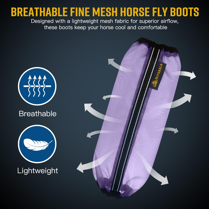 Fly Boots for Horses Set of 4,Universal Size Fine Mesh Horse Fly Boots with Nylon Stays,Fly Leggings for Horses with Fleece Trimming and Reflective Webbing Purple