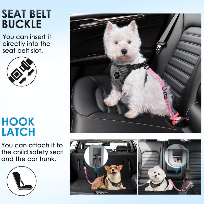 Lukovee Dog Seatbelt Leash for Cars, 2 Pack Pet Safety Car Seat Belt with Adjustable Buckle & Reflective Bungee, Connect Dog Harness in Vehicle Car Dogs Restraint Travel Daily Use (Pink) A-Pink A- Headrest with Clip + 2 in 1 Seat Belt