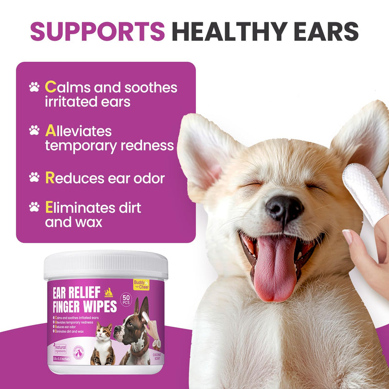 Pet Ear Cleaning Finger Wipes for Dogs & Cats - Dog Ear Cleaner with Aloe, Coconut Oil & Ginseng - Finger Dog Ear Wipes to Relieve Ear Itching, Infections, Wax & Smelly Ears - 50 Ct - Coconut Scent - PawsPlanet Australia
