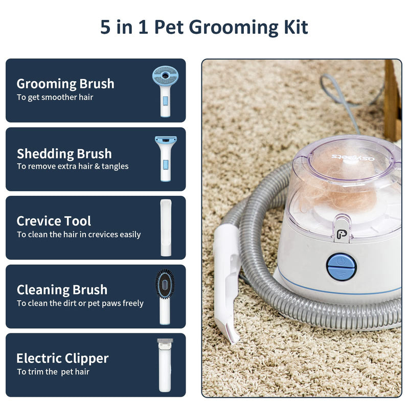 Dog Grooming Kit with 5 Professional Grooming Tools, Pet Grooming Vacuum Kit, 1.3L Dust Can, Low Noise Clippers Trimmers Deshedding Brush for Dogs Cats and Other Animals (Blue) - PawsPlanet Australia