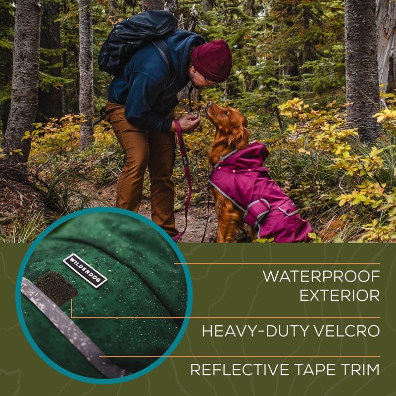 Wilderdog Dog Jacket Waterproof Raincoat with Breathable Interior, Removable Hood, Torso Strap, Secure Closures, Back Pocket and Two Hanging Loops, Foldable into Back Pocket Medium Huckleberry - PawsPlanet Australia