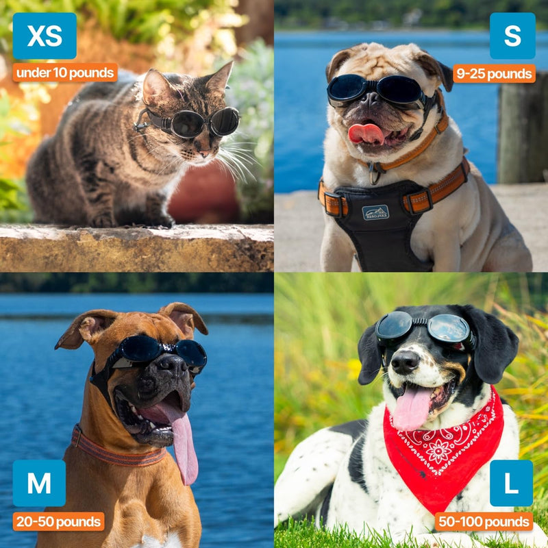 PetSpex® Dog and Cat Sunglasses, Pet Goggles with UV Protection, Windproof Water Resistant Pet Glasses with Adjustable Head and Chin Straps for Outdoor Adventures, Extra Small, Black Black Frame X-Small