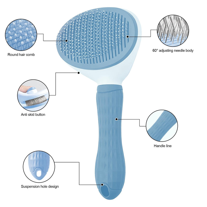 Cat Brush, Self Cleaning Slicker Brush, Skin-Friendly Grooming Tool for Cats & Dogs, Easily Removes Shedding Hair & Mats, Pet Massaging Tool for Long and Short, No Hair Build-Up, Easy to Clean Blue