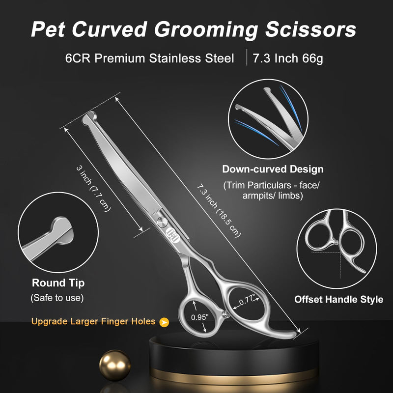 CIICII Dog Grooming Scissors Kit, 7 Inch Professional Pet Grooming Scissors Set with Safety Round Tip (Dogs/Cat Hair Cutting Trimming Thinning Shears with Curved Scissors) for DIY Home Salon (Silver) Silver Dog Grooming Scissors - PawsPlanet Australia