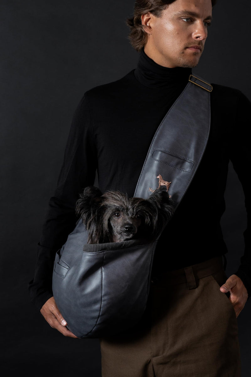 Noah & Paw Dog Sling Carrier for Small Dogs 3-10lb, Dog Sling for Small Dogs and Cats, Dog Carrier with Adjustable Padded Strap, Vegan Leather Lined with Fur, 3x Safety Features, Machine Washable Charcoal 38 cm L x 15 cm W x 14 cm H