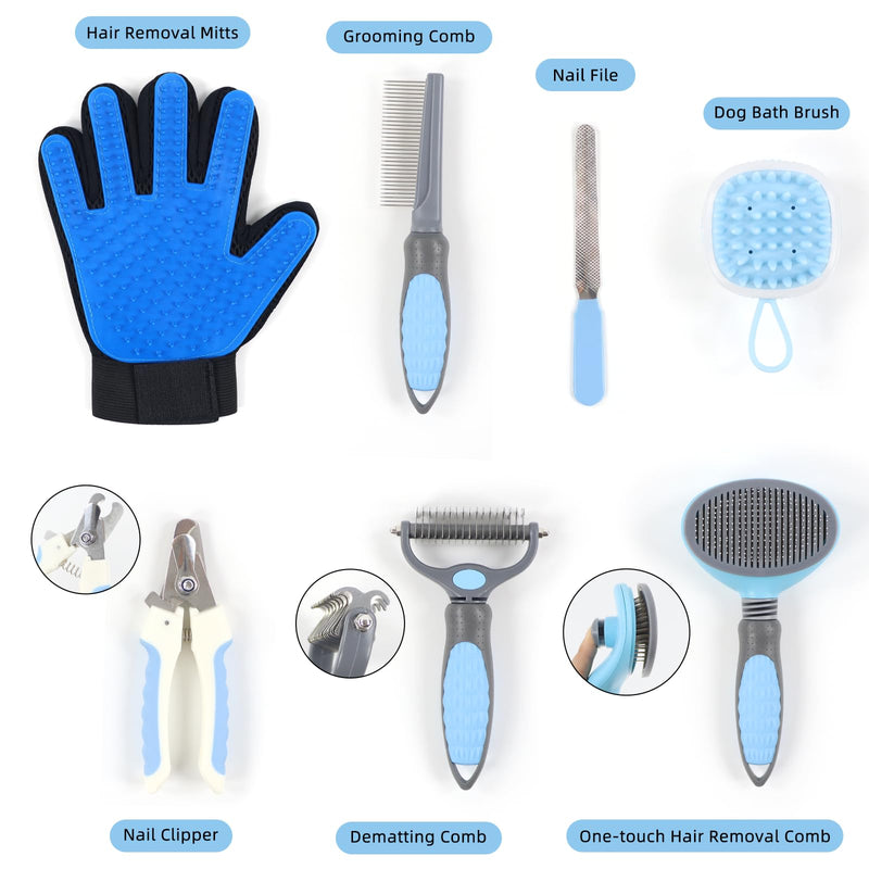 Wisedog Pet Grooming Tool Kit - Nail Clipper Set, Dematting & Grooming Combs, Bath Brush, Hair Removal Mitts (Upgraded Blue) Upgraded Blue - PawsPlanet Australia