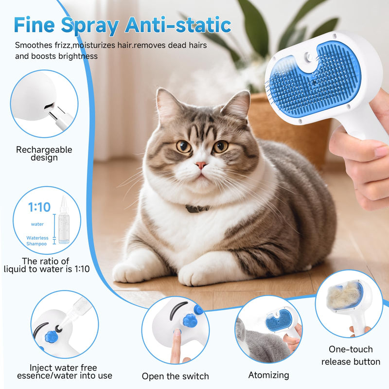 Pet Steam Brush for Dog & Cat - 3-in-1 Steam Grooming Brush for Shedding & Hair Removal - Pet comb leave-in serum with Mist for Long Haired Pets - Includes 2*Waterless Shampoo, Blue 7.88'' - 240ML