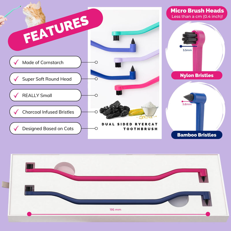 RYERCAT Set of Dual Sided Cat Toothbrushes - Kitten Toothbrush with Micro Head to fit into Kittens Mouth - Cat Dental Care Supplies Pet Toothbrush for Cats (Flamingo Pink and Space Blue) Flamingo Pink and Space Blue
